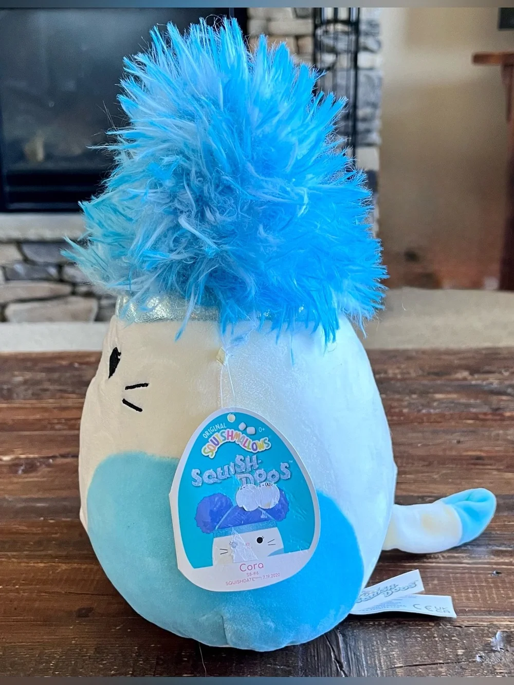KellyToy Squishmellow Cora Calico Cat Squish-Doos Blue /White Fluffy Ears 10”NWT